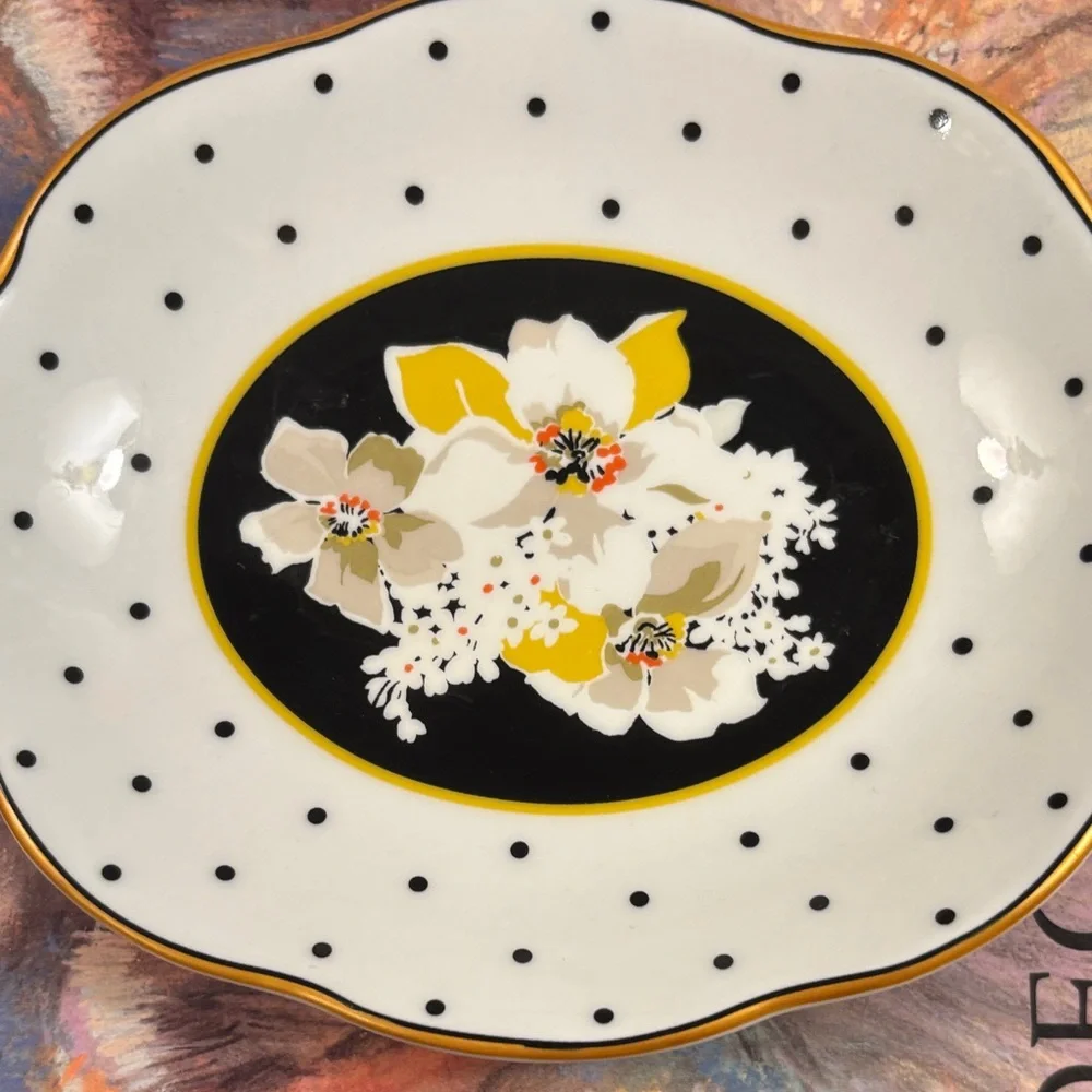 Vera Bradley White Black Yellow Floral Ceramic Soap/Trinket Dish